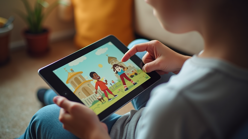 High angle view of a tablet displaying an educational app