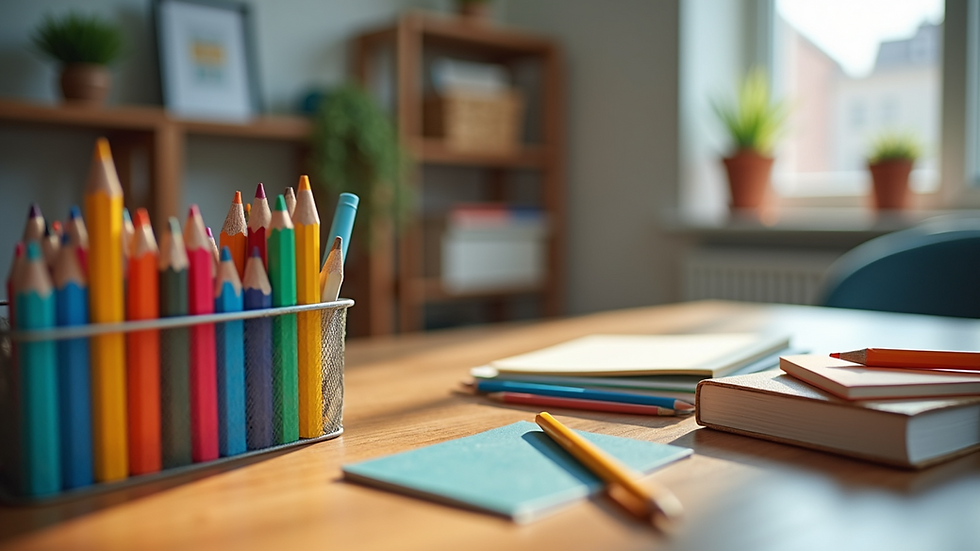 Eye-level view of colorful educational tools arranged on a wooden table