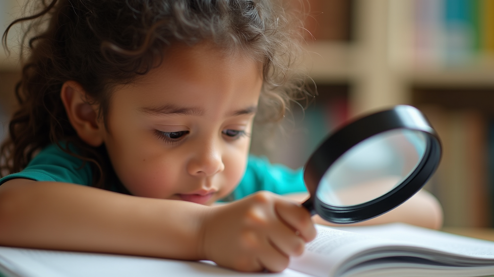 Close-up view of a child reading a book with a magnifying glass