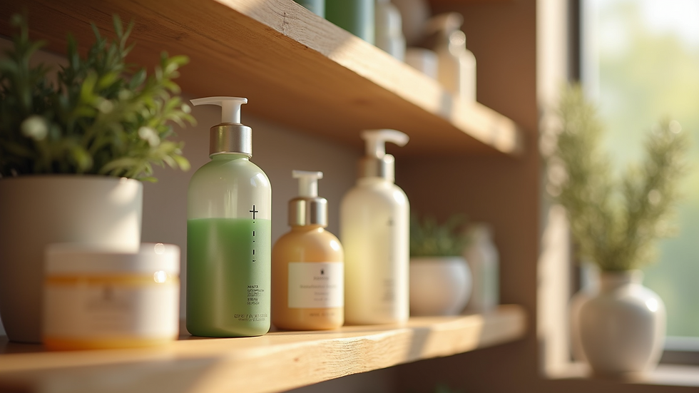 Close-up view of a selection of plant-based body care products on a wooden shelf