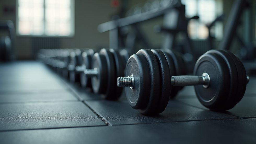 Close-up view of dumbbells on a gym floor ready for strength training