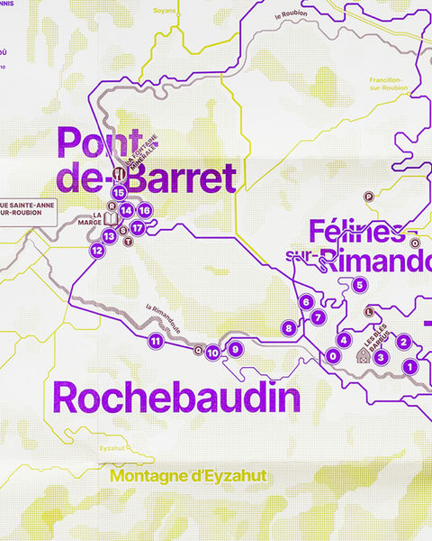 Cartographie graphique des paysages et des expositions Sillon 2023, Biennale des arts dans la Drôme.