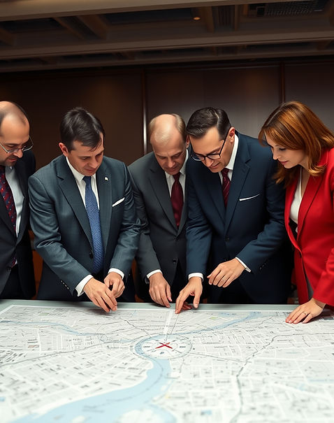 group of people in suits standing around a table looking at a map of central london