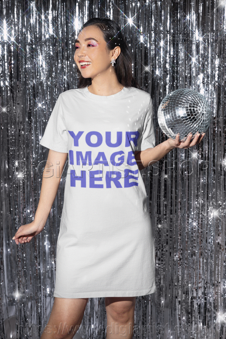 new-year-s-themed-mockup-of-a-woman-in-a-t-shirt-dress-holding-a-small-disco-bal