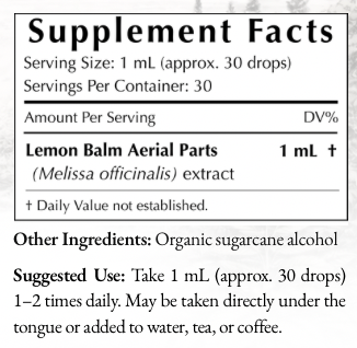 Thumbnail: Supplement Facts panel for Lemon Balm tincture with Melissa officinalis aerial parts extract
