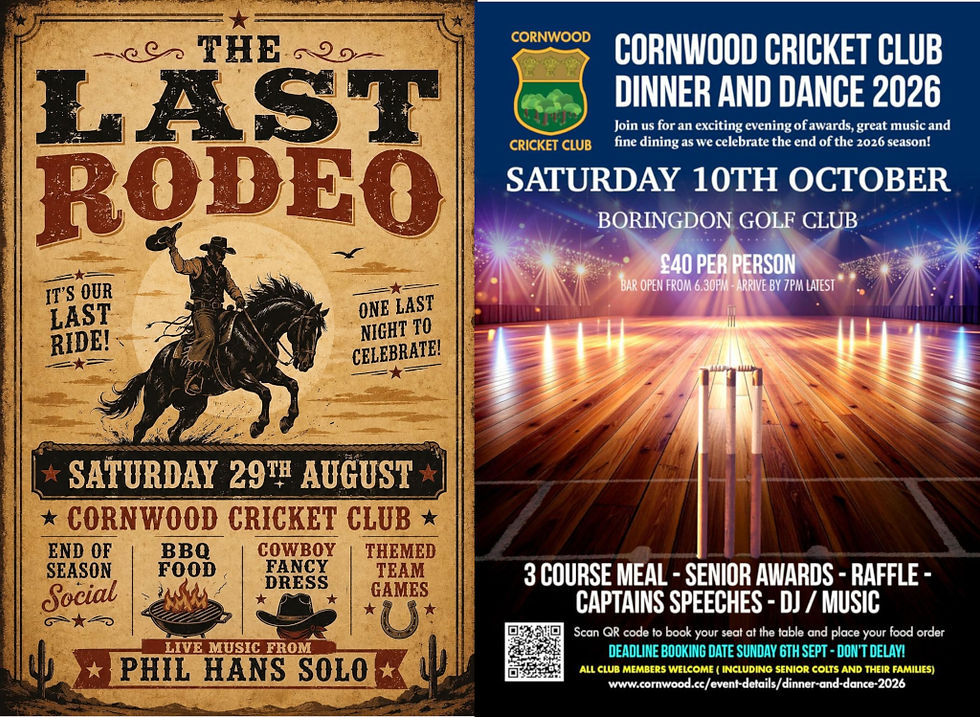 Promotional Flyer for social events at Cornwood CC. 29th August - Club social with a cowboy theme. 10th October, Club Dinner Dance at Boringdon Golf Club.