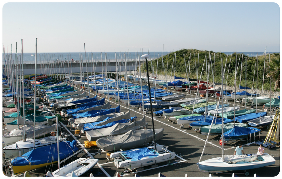 多くのセーリングボートがマリーナの駐車場に並び、遠くに海が見える。