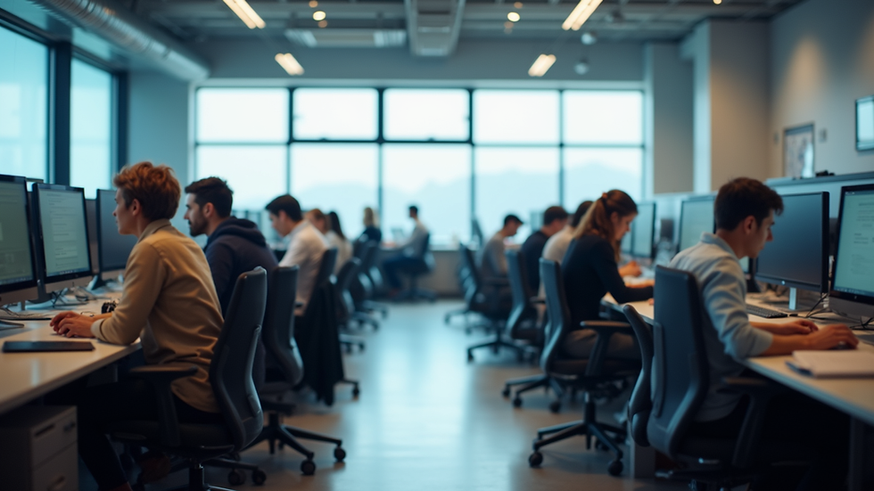 Eye-level view of a modern office with employees working on computers