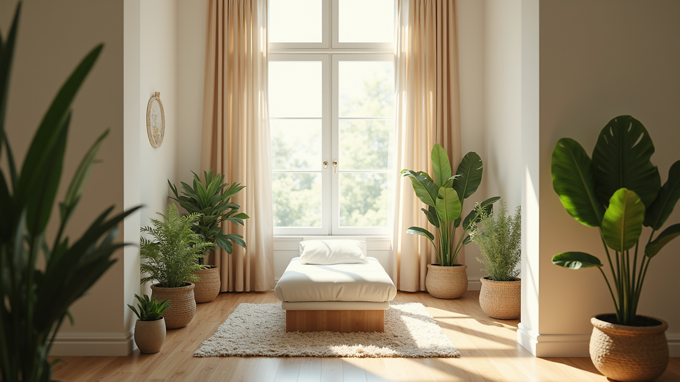 Eye-level view of a serene therapy room filled with plants and soft lighting