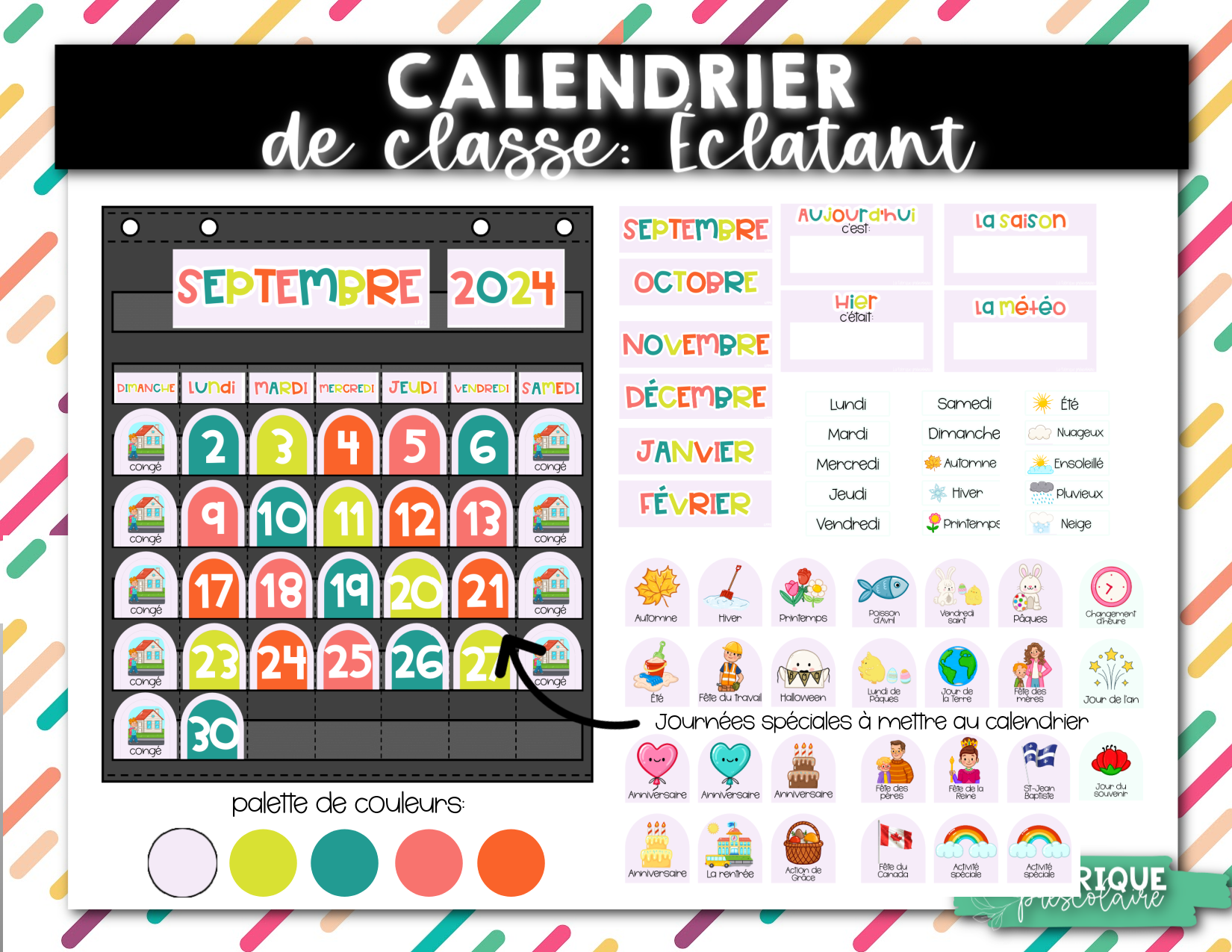 Calendrier de classe à pochette thème éclatant