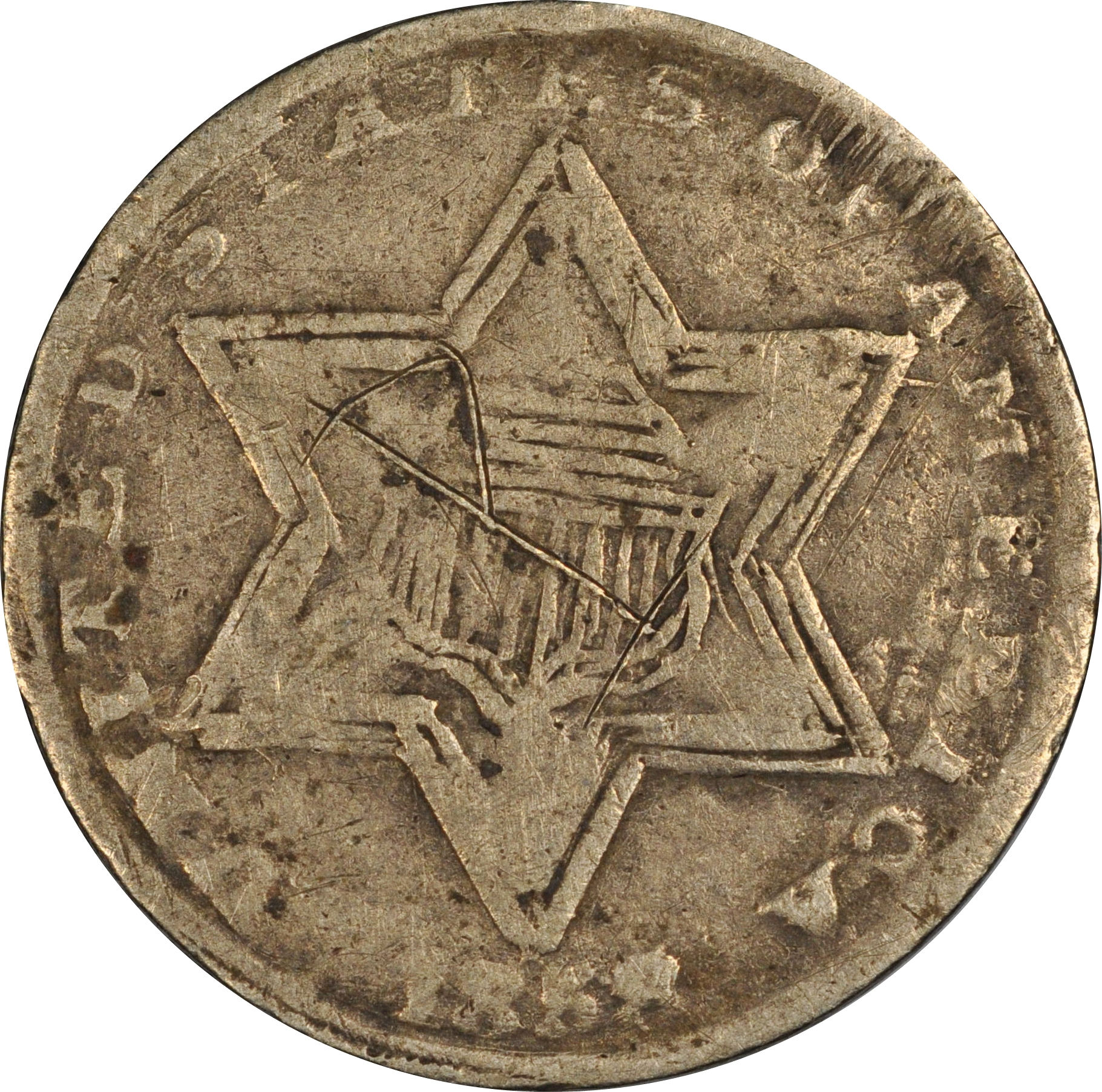 1858 td1-tdC, 3cS Counterfeit, VF+ details