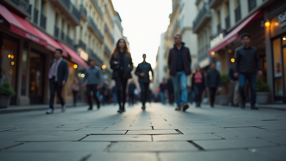 Eye-level view of a bustling city street with people walking