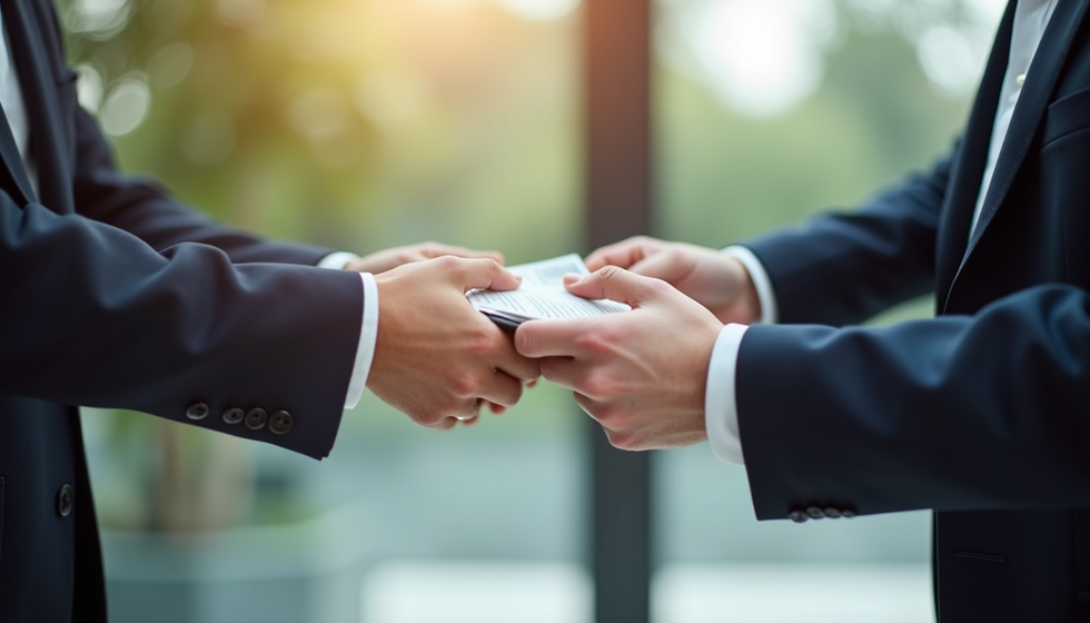 Close-up view of hands exchanging documents symbolizing partnership and collaboration