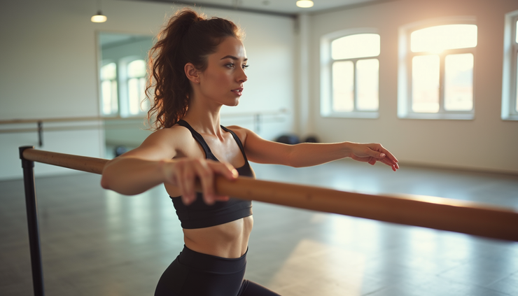 Eye-level view of a woman performing barre exercises using a ballet barre in a bright studio