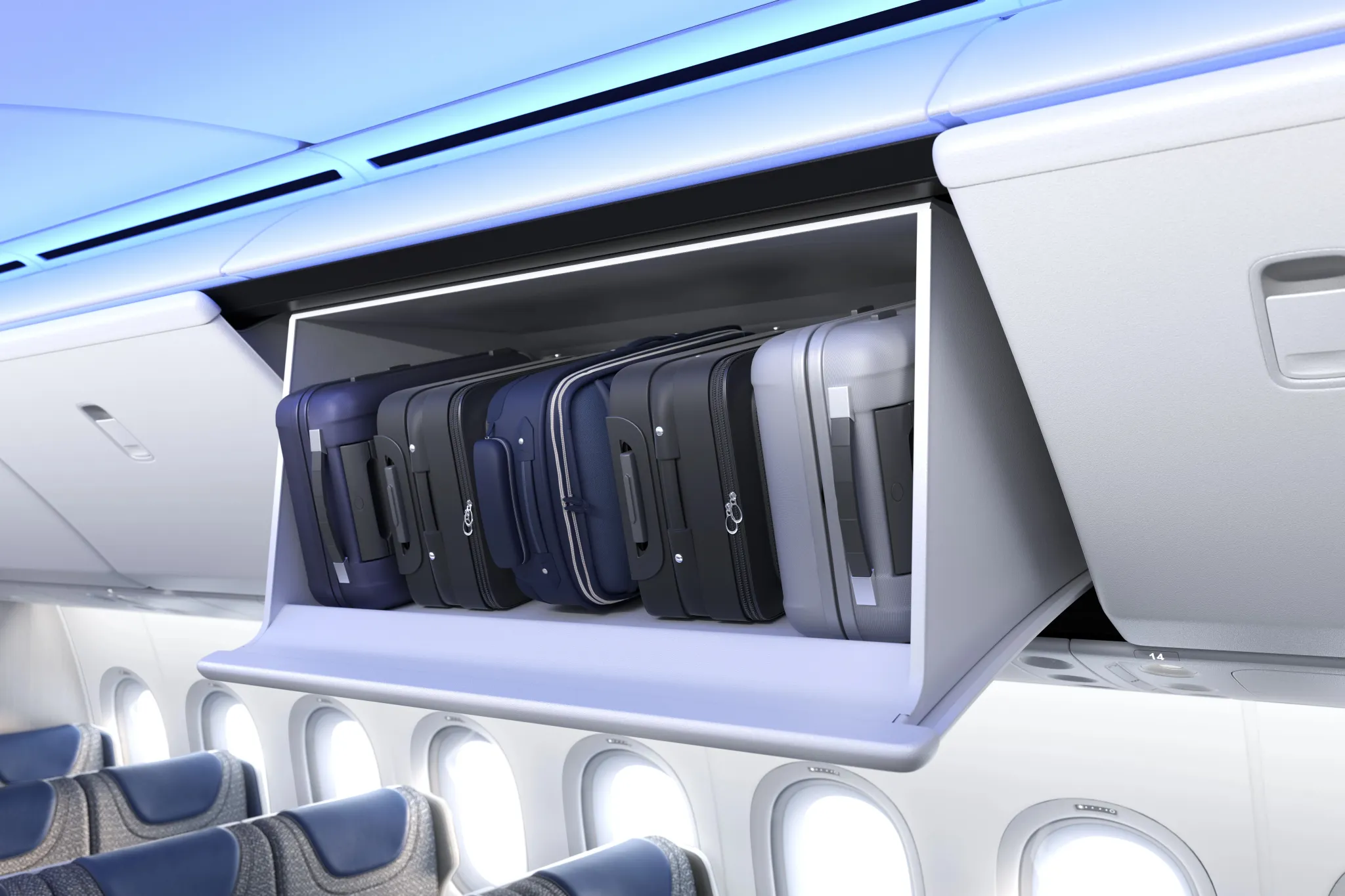 777X economy cabin class overhead compartments