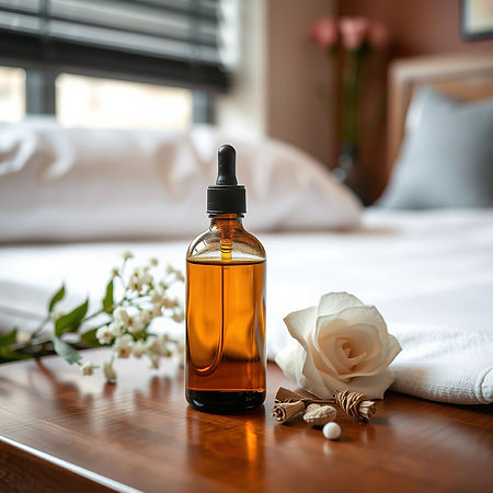 Body oil on a table in a bed room setting .jpg