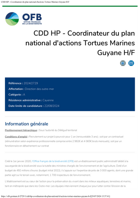 Recrutement : Coordinateur du plan national d'actions Tortues Marines Guyane H/F