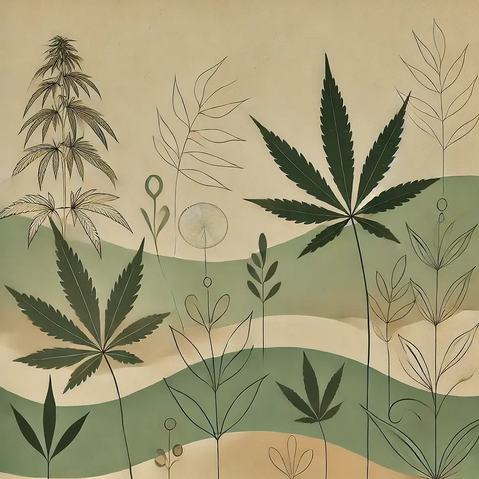 Minimalist, neutral-toned illustration of hemp leaves and agricultural motifs, symbolizing the natural and grounded elements of the hemp and cannabis industries within a serene composition.
