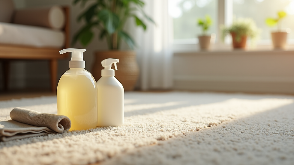 Eye-level view of eco-friendly carpet cleaning products on wooden floor