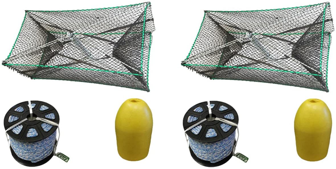 2-Pack Galvanized Steel Foldable Prawn Trap with Line & Floats Combo(S32+PAS3)x2