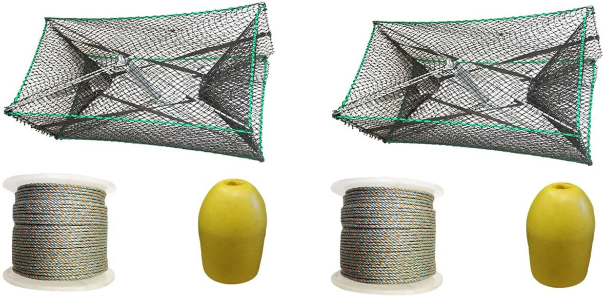 2-Pack Galvanized Steel Foldable Prawn Trap with Line & Floats Combo(S32+PAQ3)x2