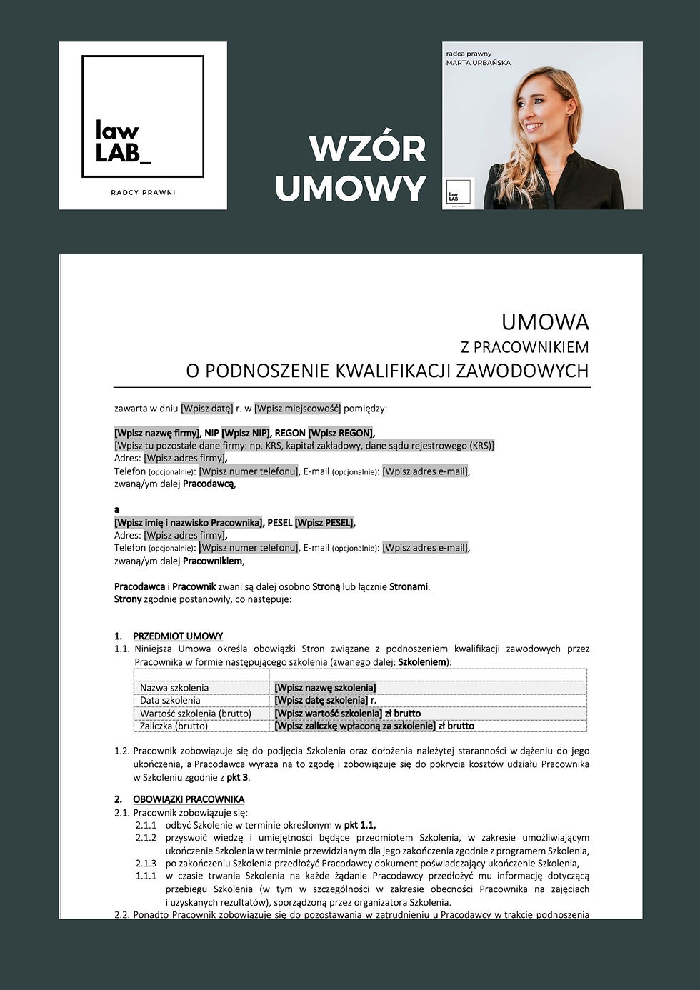 UMOWA | Umowa z pracownikiem o podnoszenie kwalifikacji zawodowych