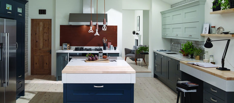 kitchen with blue island unit