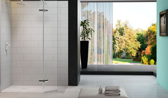 bathroom overlooking garden with trees in autumn