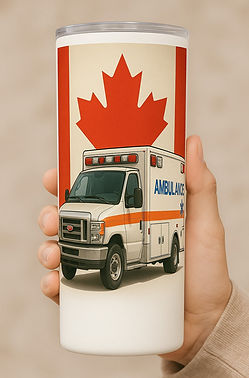 A tumbler with an ambulance and featuring a Canadian flag behind it