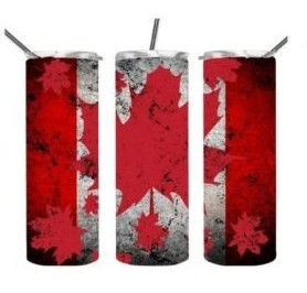 A tumbler with a Canadian flag and red maple leaves