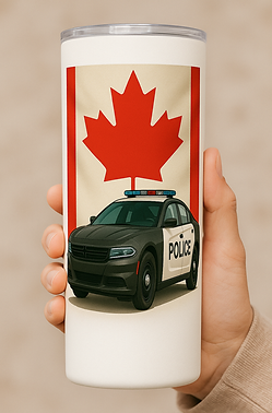 A tumbler featuring a police car with a Canadian Flag behind it.