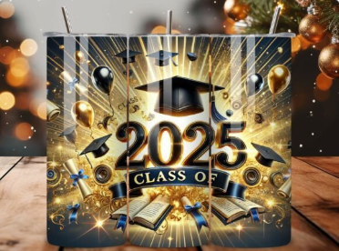 A gold tumbler with a graduation cap and the year 2025