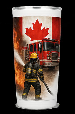 A tumbler featuring a firefighter with a firetruck in the background