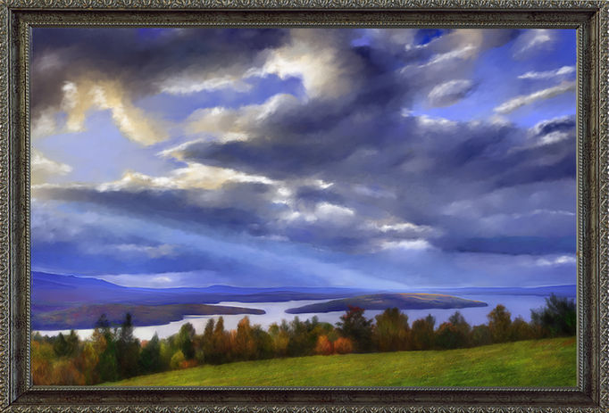 Custom lake landscape painting with dramatic stormy sky and mountains by fine artist Karen Sperling.