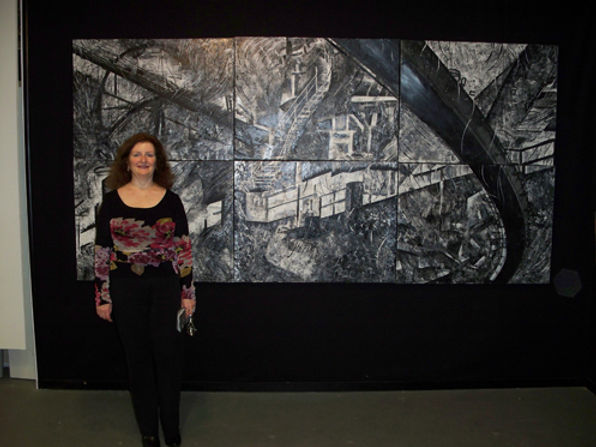 Karen Sperling at Art Basel Miami Beach with her five-foot abstract canvas print hand-embellished with acrylics.