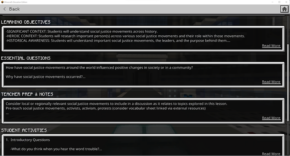 A Minecraft screen showing four blocks: learning objectives, essential questions, teacher prep & notes, and student activities, pros and cons of minecraft education edition Caption: This page also included sections entitled “Description” and “Assessment”
