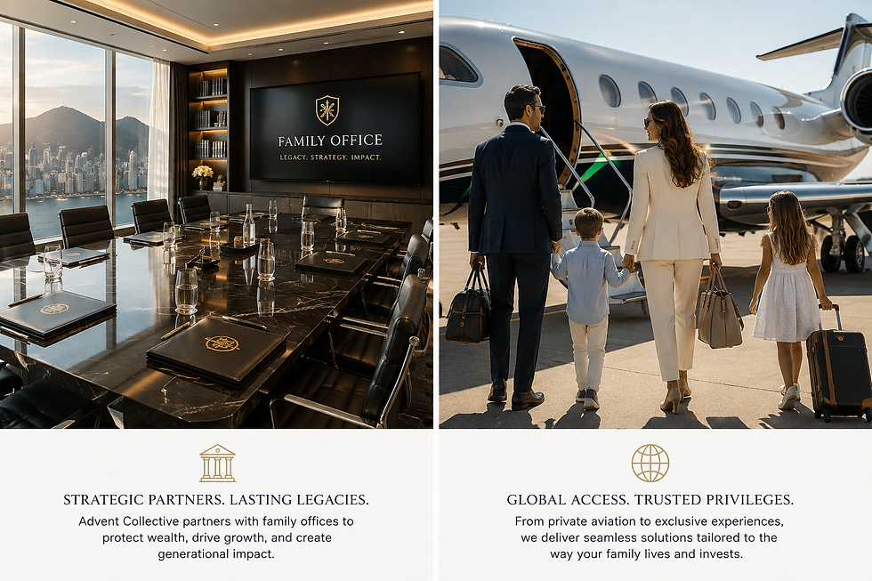 Luxury family office boardroom and family boarding a private jet; text reads Family Office, Strategic Partners. Lasting Legacies.