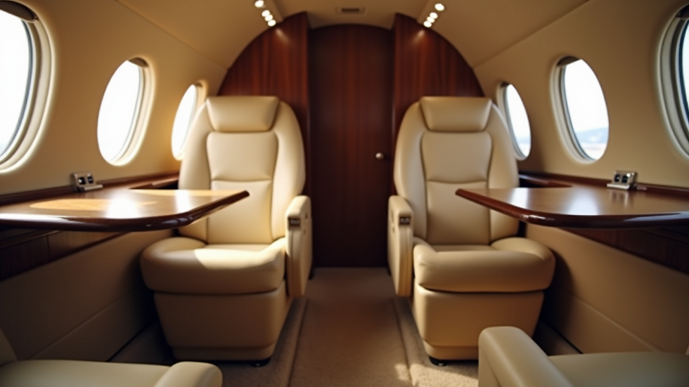 Close-up view of a luxury private jet interior with plush seating