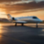 White private jet on a wet runway at sunset, with golden clouds and reflective pavement creating a calm, sleek mood.