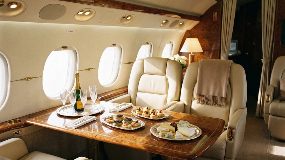 Luxurious private jet interior with leather seats, a wooden table set with champagne, glasses, and gourmet snacks. Soft lighting, elegant mood.