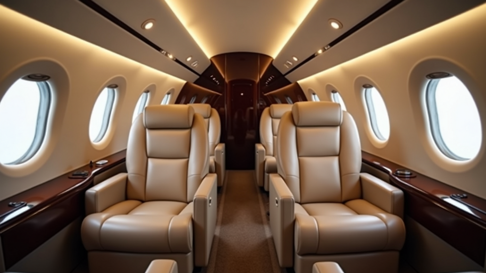 Eye-level view of a luxury private jet interior with plush leather seats
