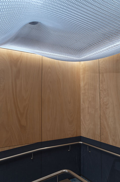 Commercial interior finish details using plywood and kaynemaile