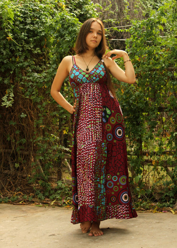 Long Australian Maxi Dress Cotton Print Maroon - Buy at Wholesale Price