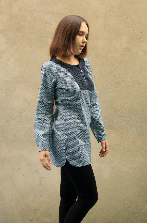 Thumbnail: Bitina Top Long Sleeves Ethnic Print Cotton Blue