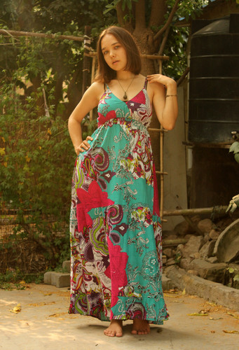 Long Australian Maxi Dress Cotton Print Aqua - Buy at Wholesale Price