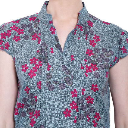 Thumbnail: Cooler Pleated Top Cotton Floral Print Gray