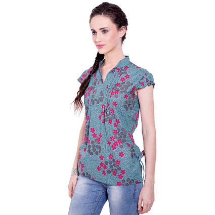 Thumbnail: Cooler Pleated Top Cotton Floral Print Gray