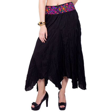 Karma Long Skirt with Embroidered Belt Black Cotton