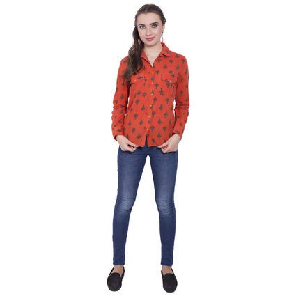 Thumbnail: Trendy Shirt Long Sleeves Ethnic Print Cotton Orange