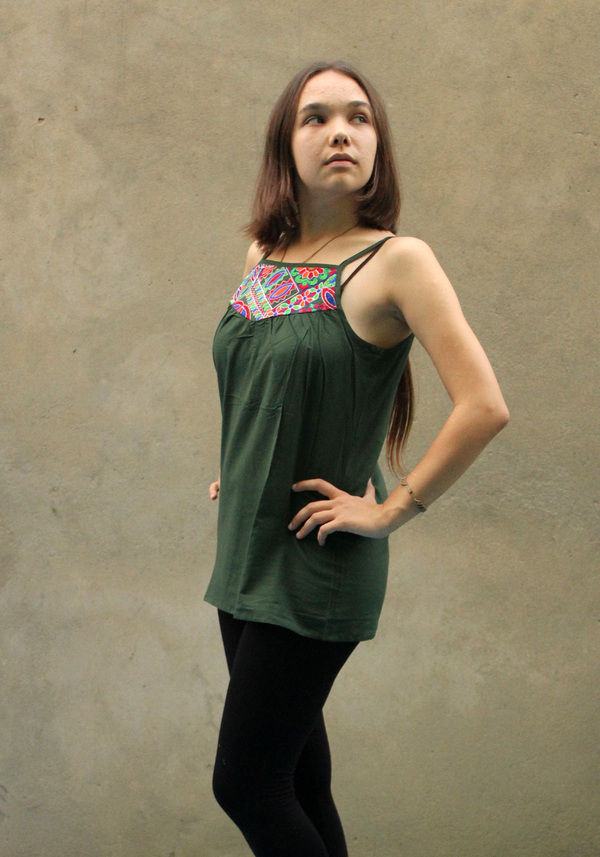 Thumbnail: Embroidered Christina Top Cotton Olive